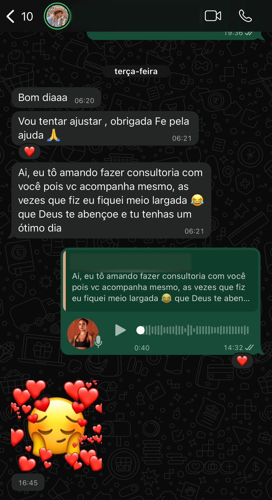 Print de conversa no WhatsApp às 6h21: mensagens de uma aluna e o áudio de resposta da Fernanda, de 40 segundos, às 14h32.